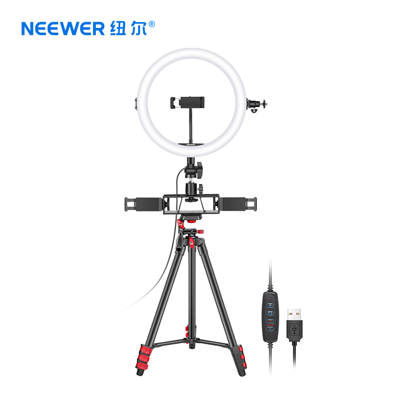 【特价】NEEWER纽尔手机直播补光灯LED环形直播灯双手机夹可调三脚架USB充电10寸环形灯套装vlog拍摄灯光支架