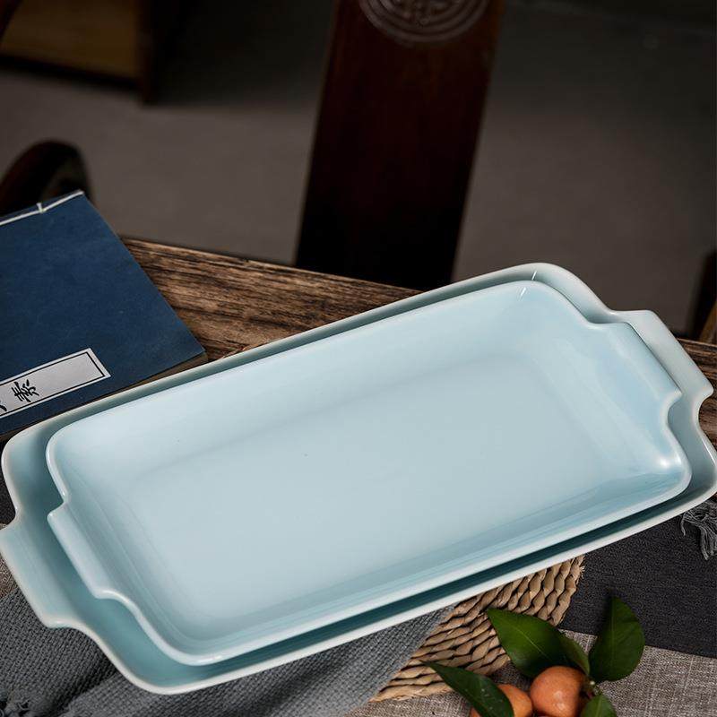 陶瓷双耳烤盘影青大号长方形芝士焗饭盘电烤箱微波炉专用烘焙烤碗