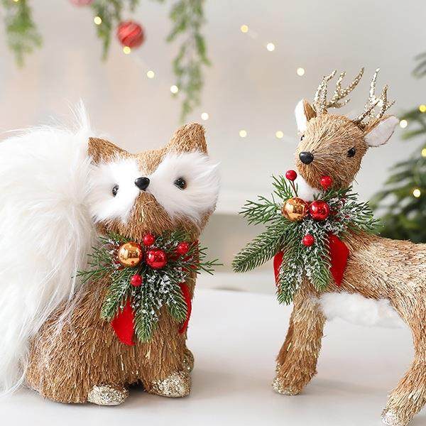 2025圣诞节迷你草编小鹿店铺桌面小摆件布置场景氛围装饰橱窗吊饰
