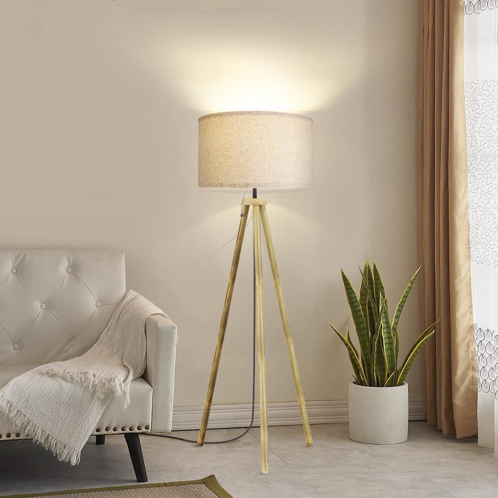 亚马逊热销布罩落地灯木架灯三脚地灯实木落地灯床头书房落地灯