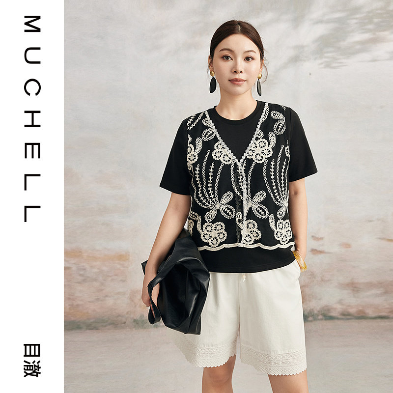 目澈MUCHELL【曦影】撞色刺绣绣花假两件黑色时尚宽松女士T恤