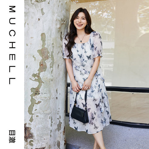 目澈MUCHELL夏新款【小尖尖】水墨蝴蝶印花连衣裙MDS2LD2147