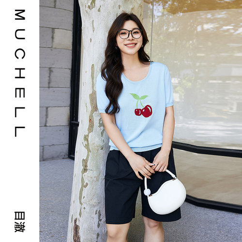 目澈MUCHELL【樱桃小季】新款大樱桃休闲短袖女士黑色针织衫