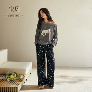 悦内睡衣女春季春秋款纯棉长袖家居服时尚露肩休闲卡通斑点狗套装