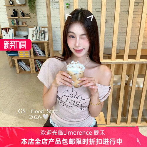 GS.GOOD START夏季韩系纯欲花朵刺绣蕾丝拼接斜肩短袖T恤女M5178W