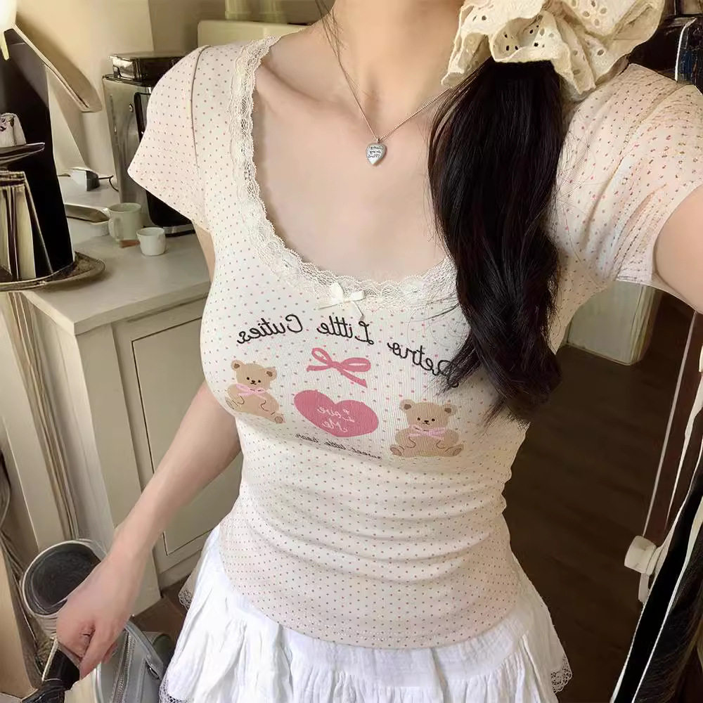小熊蕾丝波点短袖显瘦女T恤