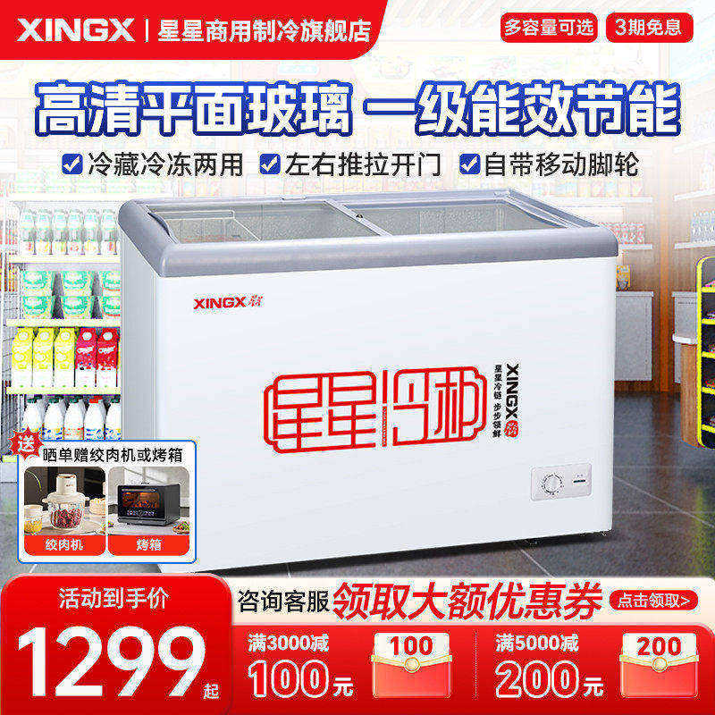星星冰柜小型冷藏冷冻展示柜冰箱商用单温雪糕柜推拉门冷柜保鲜柜