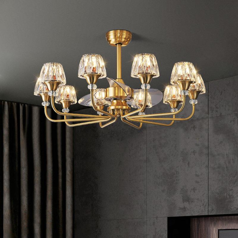 全铜水晶轻奢风扇吊灯餐厅吊扇灯后现代美式灯客厅别墅豪华电扇灯