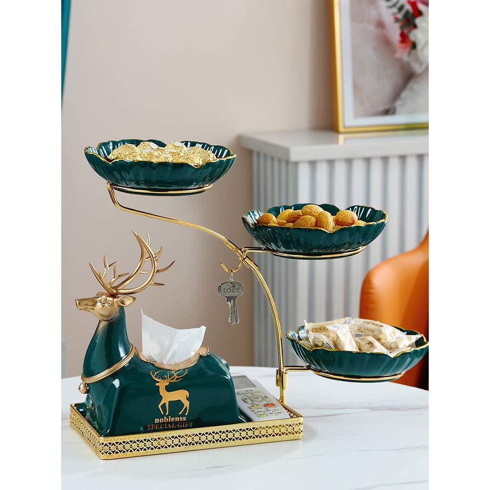 轻奢高档铁艺陶瓷水果盘客厅茶几家用欧式多层干果盘创意装饰摆件