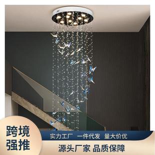 楼梯灯长吊灯彩色水晶蝴蝶现代简约复式楼别墅大厅楼梯井旋转灯具