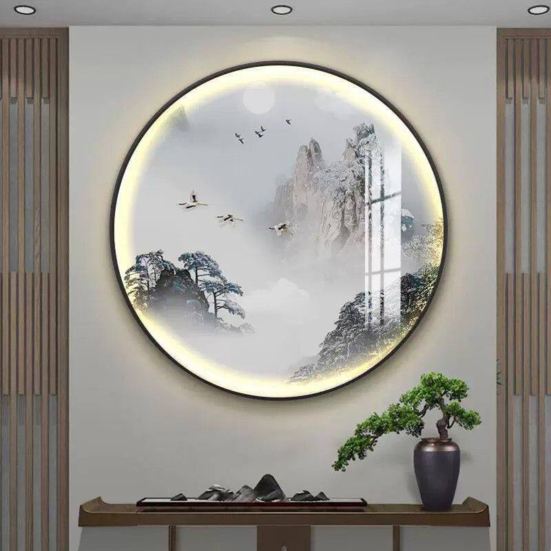 新中式圆形灯画玄关书房背景装饰画水墨风景意境山水茶室圆挂画