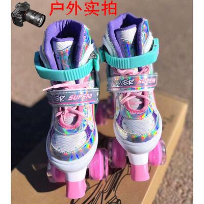 儿童初学者双排专业轮滑男女童溜冰鞋可调宝宝闪光四轮旱冰鞋套装
