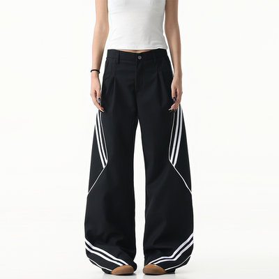 JADEQILIN美式复古条纹硬挺休闲裤情侣宽松直筒阔腿拖地长裤