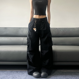 JADEQILIN美式复古多口袋工装裤小众设计感街头宽松褶皱直筒裤子