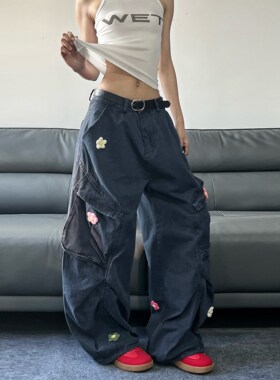 JADEQILIN复古多口袋牛仔裤直筒工装裤男女美式宽松刺绣伞兵裤