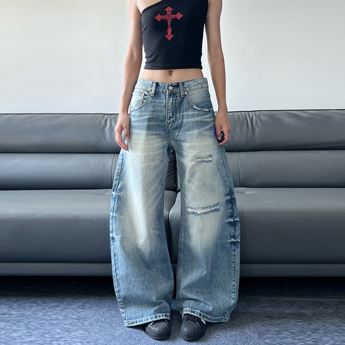 JADEQILIN美式复古水洗磨破弯刀牛仔裤男女cleanfit宽松百搭裤子