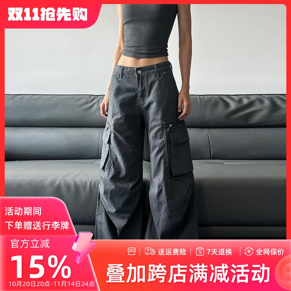 JADEQILIN美式复古褶皱做旧多口袋工装裤男女宽松阔腿直筒休闲裤