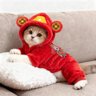 猫咪衣服秋冬季保暖红色连帽财神刺绣变身装四脚连帽衣可爱防掉毛