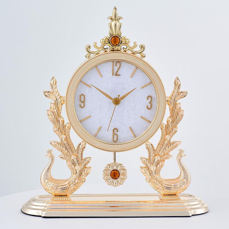 美式轻奢台钟客厅卧室静音座钟装饰摆件皮革钟盘摇摆钟表田园时钟