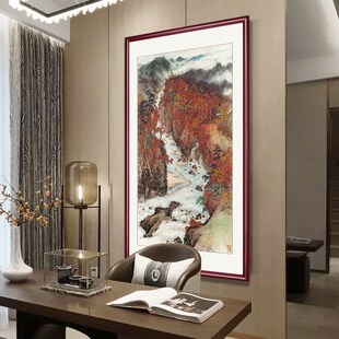 新品国画竖版玄关画关山月山x新中式客厅装饰画书房茶室实木挂画