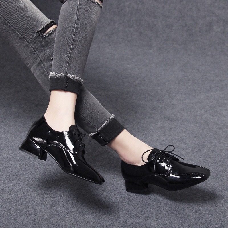 方头小皮鞋女2022秋季新款黑色时尚系带乐福鞋牛漆皮粗跟深口单鞋,女鞋,时尚休闲鞋,淘宝优惠券,粉丝福利购,淘宝优惠卷