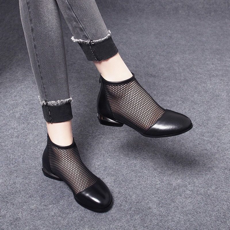 2022夏季新款黑色头层牛皮网靴圆头舒适平底女鞋透气网纱罗马凉靴,女鞋,时尚休闲鞋,淘宝优惠券,粉丝福利购,淘宝优惠卷