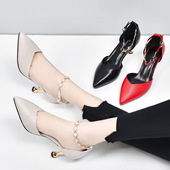 高跟鞋 女2023春夏新款 仙女鞋 尖头凉鞋 头层牛皮中空链条扣细跟女鞋