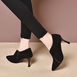 尖头细跟单鞋女2024春季新款英伦风羊皮烫钻气质高跟鞋深口时装鞋