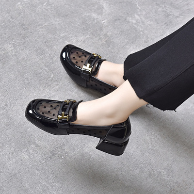 网纱单鞋女2024春夏方头波点方扣浅口乐福鞋粗跟小皮鞋低跟四季鞋