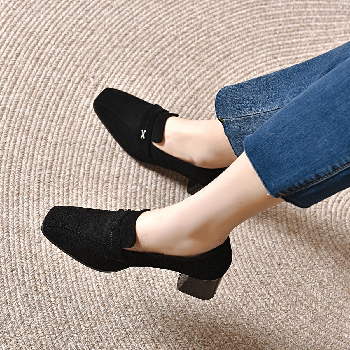 方头乐福鞋女2024春季新款黑色羊皮工作鞋套脚单鞋两种高度四季鞋,女鞋,浅口单鞋,淘宝优惠券,粉丝福利购,淘宝优惠卷