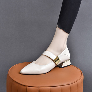 尖头单鞋玛丽珍鞋2024春季简约气质浅口低跟方扣乐福鞋女式平底鞋