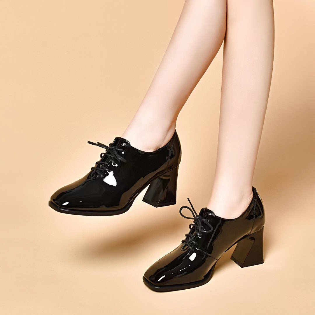 深口单鞋女2024春季新款英伦风方头系带马蹄跟高跟鞋两种高度皮鞋,女鞋,浅口单鞋,淘宝优惠券,粉丝福利购,淘宝优惠卷