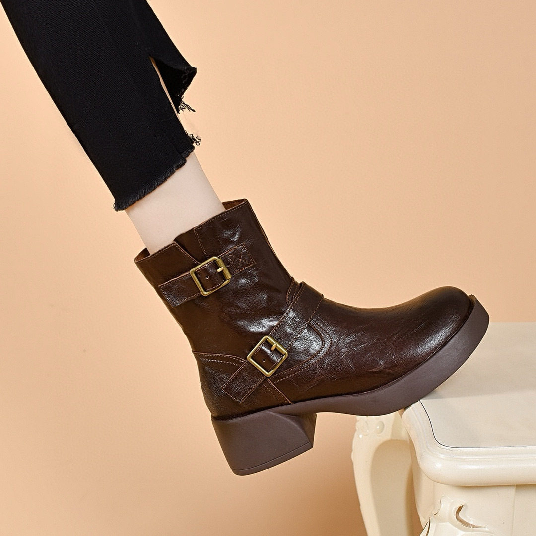 中筒靴女2024秋冬圆头粗跟马丁靴双排皮带扣休闲皮靴欧美风女棉靴,女鞋,马丁靴,淘宝优惠券,粉丝福利购,淘宝优惠卷