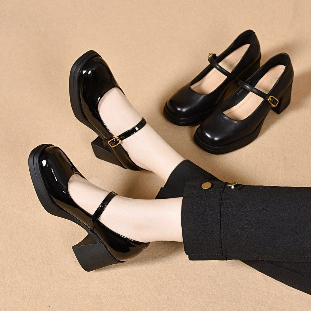 玛丽珍鞋粗跟小皮鞋2025春季新款方头浅口一字带单鞋防水台高跟鞋,女鞋,浅口单鞋,淘宝优惠券,粉丝福利购,淘宝优惠卷