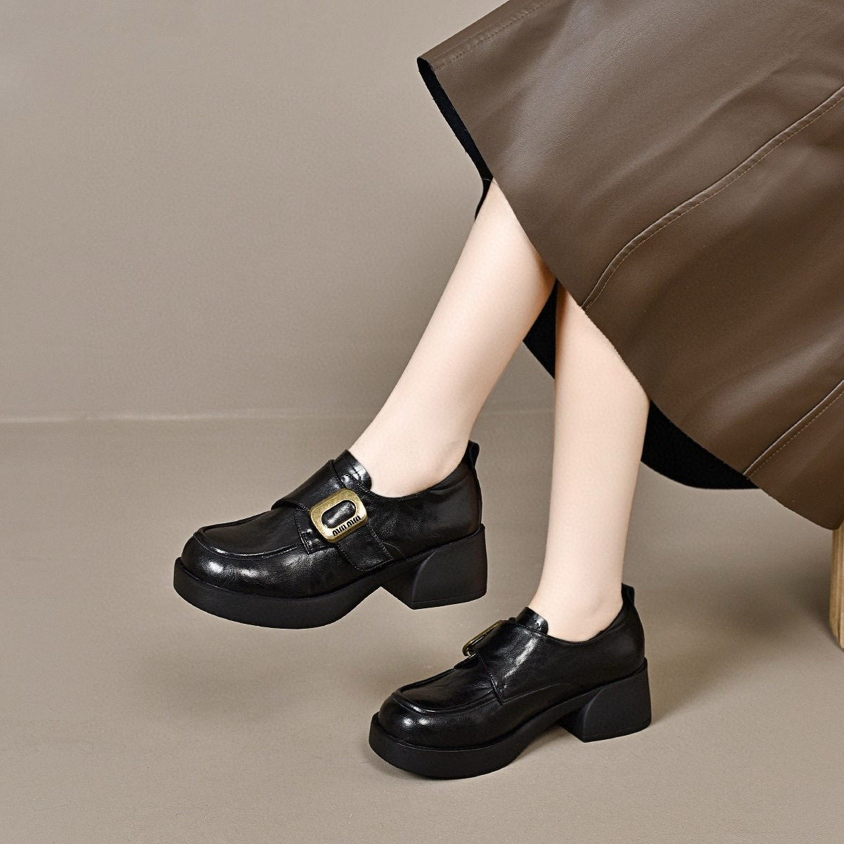 韩版乐福鞋女2024秋冬方扣厚底单鞋防水台粗跟学院风一脚蹬小皮鞋,女鞋,乐福鞋（豆豆鞋）,淘宝优惠券,粉丝福利购,淘宝优惠卷