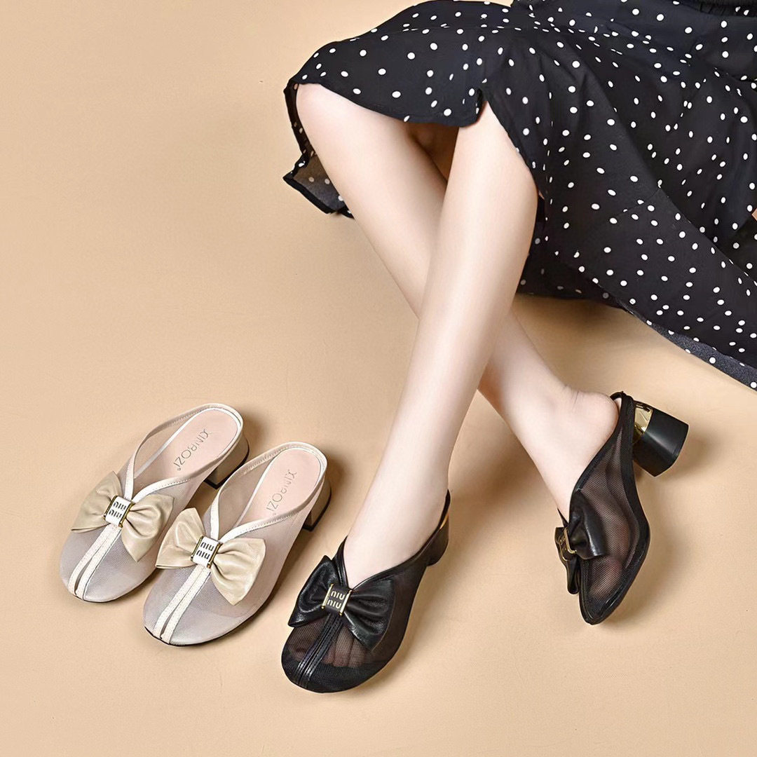 拖鞋女外穿2024夏季新款韩版包头蝴蝶结网纱拖鞋高跟时装懒人拖鞋,女鞋,其他拖鞋,淘宝优惠券,粉丝福利购,淘宝优惠卷