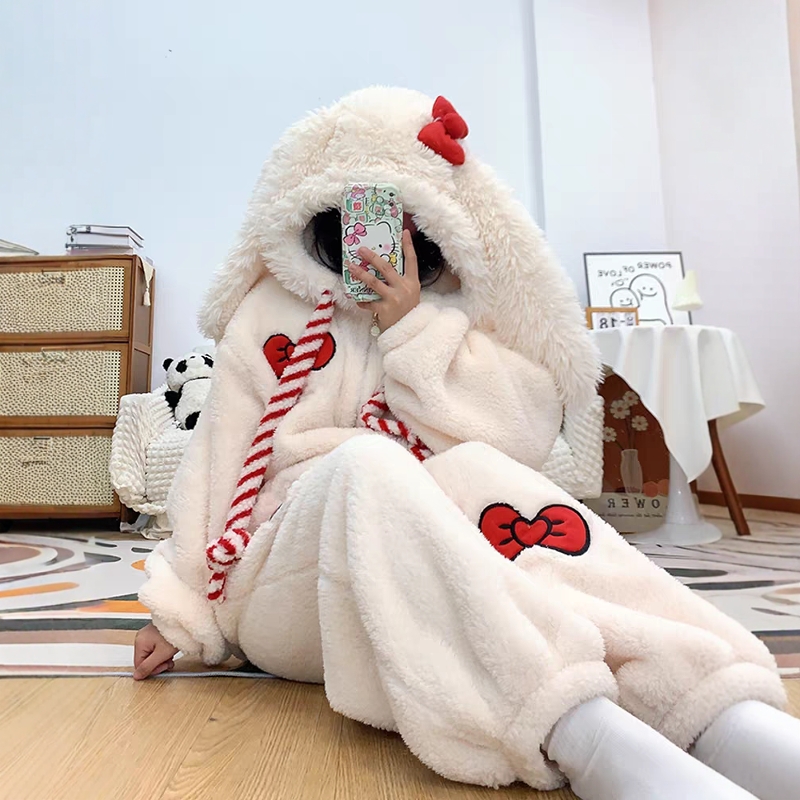 可爱兔子连体珊瑚绒睡衣女冬睡袍