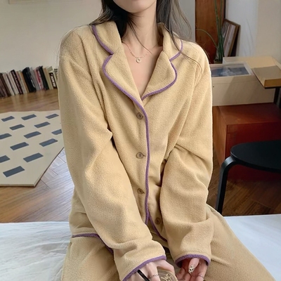 摇粒绒睡衣女秋冬季2024珊瑚绒黄