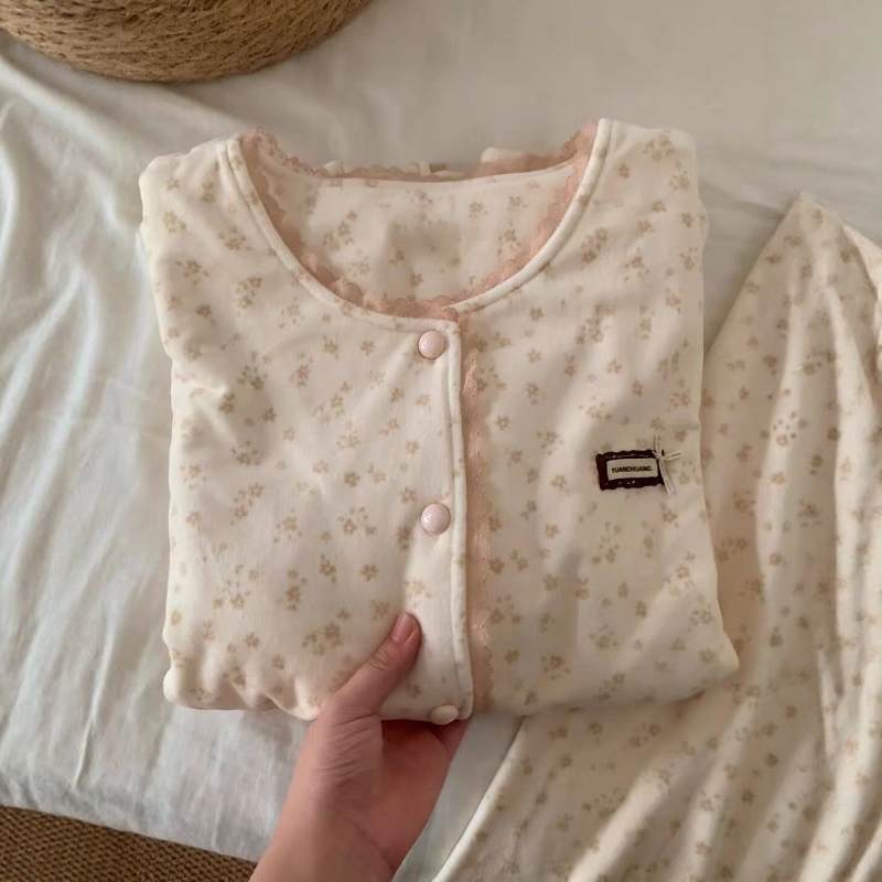 复古甜美小碎花德绒睡衣女冬套装