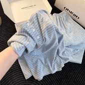 居家服套装 Sin 简约风条纹德绒睡衣女秋冬宽松长袖 长裤 Glee 韩版