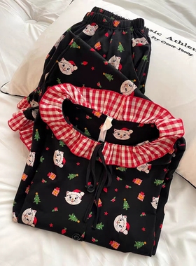 Sin Glee 黑色甜美可爱娃娃领卡通印花睡衣女夏季新款花边居家服