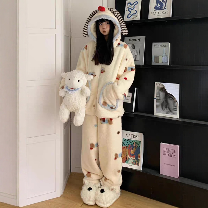 腊肠狗珊瑚绒睡衣女款秋冬季套装