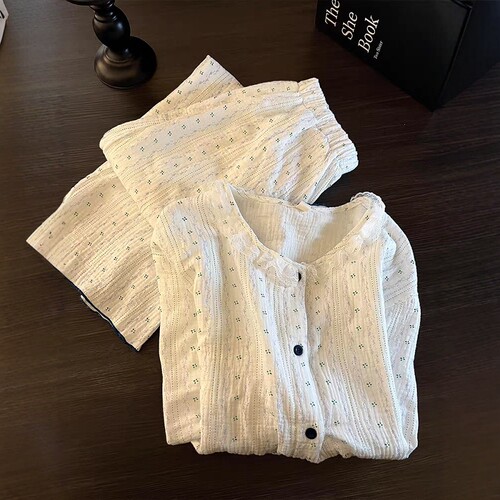 小清新印花白色亲肤棉纱睡衣女