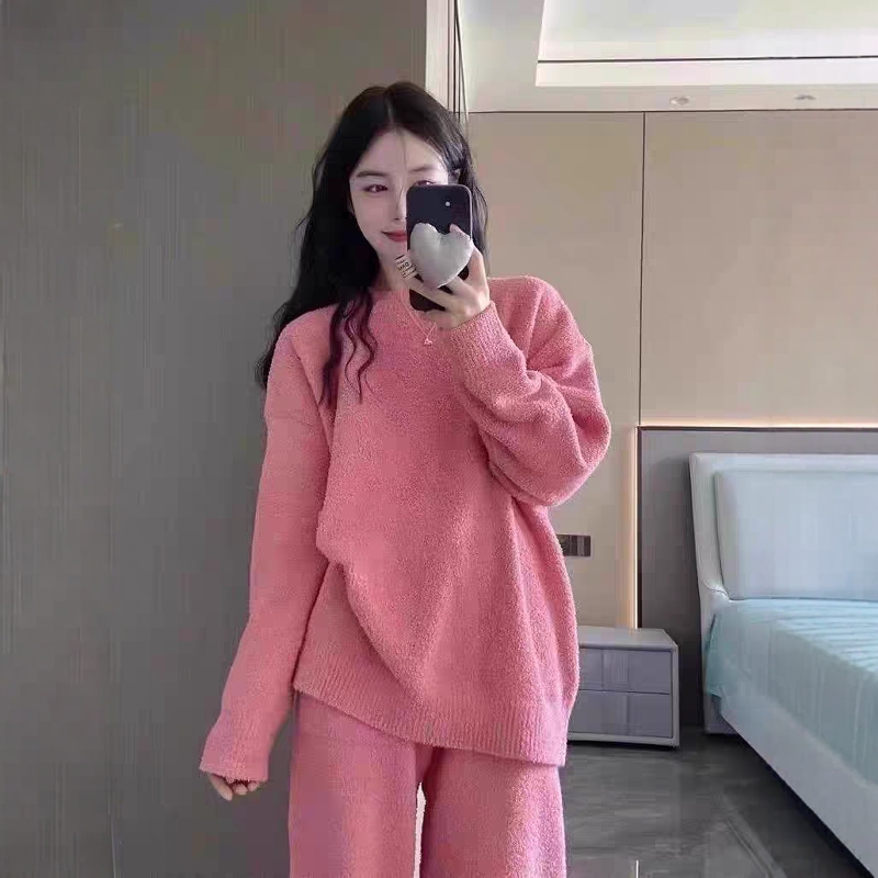 韩版粉色圆领睡衣女秋冬季新款加厚保暖珊瑚绒高级甜美家居服套装