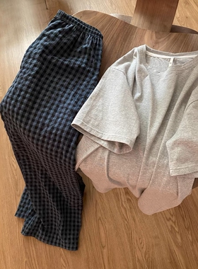 ins韩系简约灰色T恤短袖睡衣女款夏季简约格纹长裤家居服大码套装