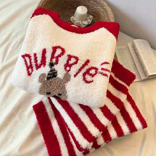 卡通小熊珊瑚半边绒冬睡衣女2025