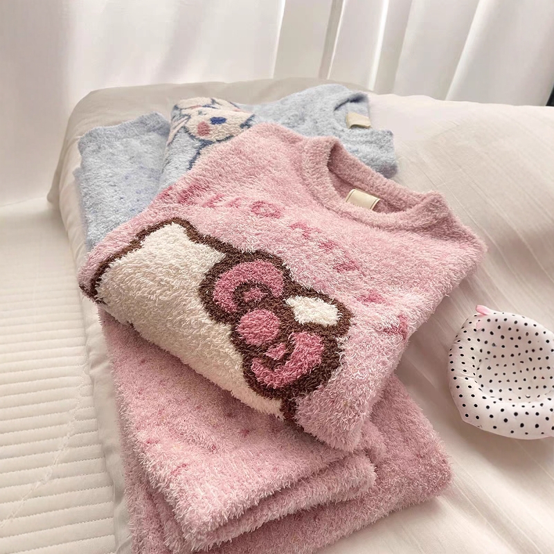 甜美可爱kitty猫粉半边绒睡衣女