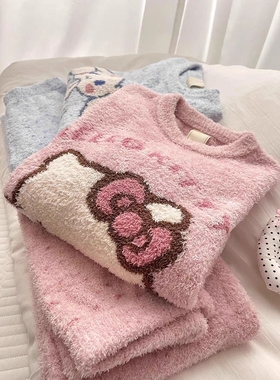 Sin Glee 甜美可爱kitty猫粉色半边绒睡衣女秋冬加绒加厚保暖套装