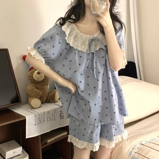 纯棉睡衣女款 夏季 2025甜美公主风蝴蝶结蕾丝边蓝色短袖 家居服套装