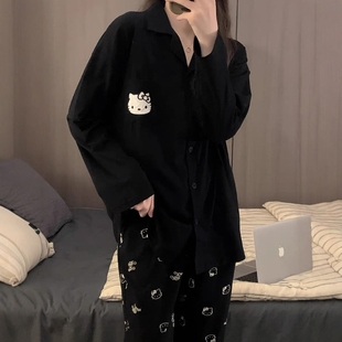 春秋季 纯棉睡衣女黑色hellokitty卡通长袖 长裤 日系少女家居服套装